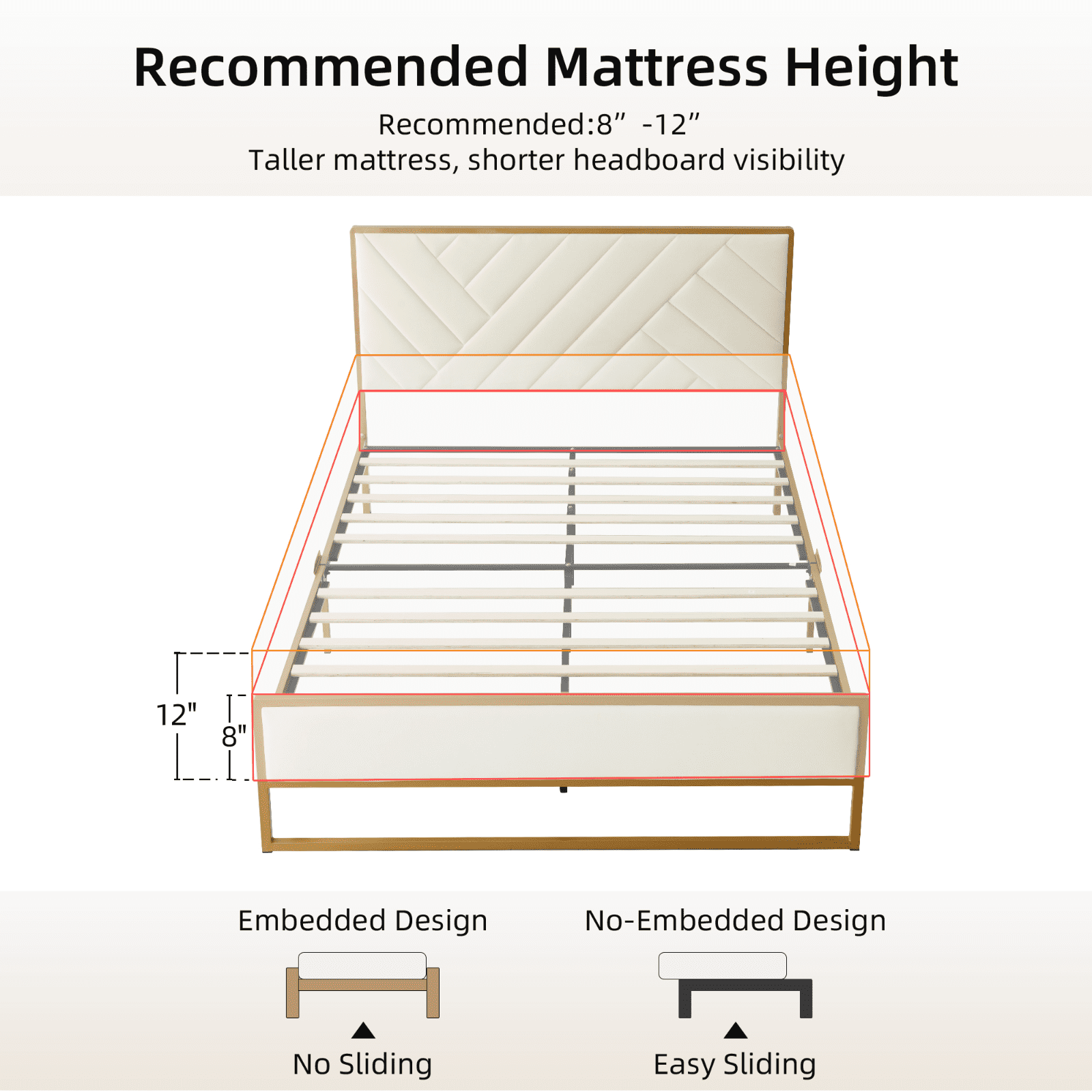 Full Size Bed Frame, Golden Metal Platform Bed Frame with Velvet Upholstered Headboard, Beige