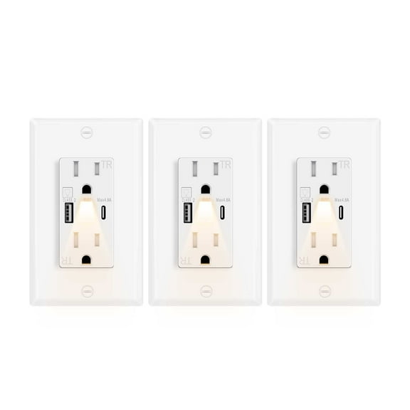 Greencycle Outlet With Built in Light And USB C,3PK 15Amp High Speed Night Light Outlet With USB,4.8A USB A/C Ports Electrical Outlet Tamper-Resistant,Wall Plate Included for Home,Office