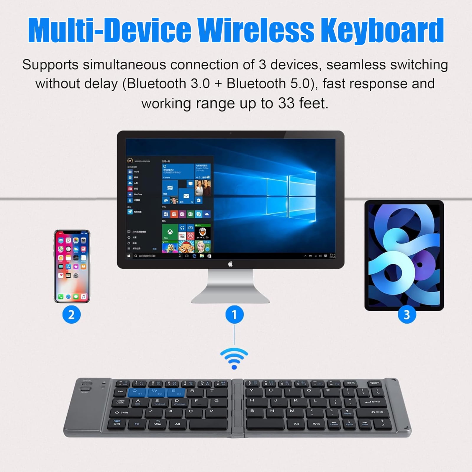 RONY Foldable Wireless Bluetooth Keyboard & Mouse Combo: Ultra-Slim Rechargeable Portable Travel Keyboard Set for iPad iPhone Laptop Tablet Windows Android Mac (Grey)