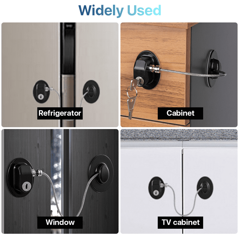 2pcs Window & Fridge Lock With Stainless Steel Cable & 2 Packs Refrigerator  Lock With Key For Baby Safety, Black, Suitable For Locking Cupboard,  Drawer, Oven, Toilet, Adhesive Cabinet Lock