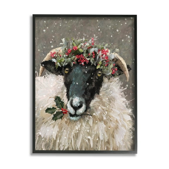 Stupell Industries Holiday Berries Farmhouse Sheep Holiday Painting Black Framed Art Print Wall Art