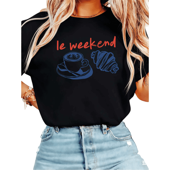 UNISHE Women's Le Weekend Coffee Croissant Graphic Short Sleeve T-Shirt Breathable Casual Crewneck Top