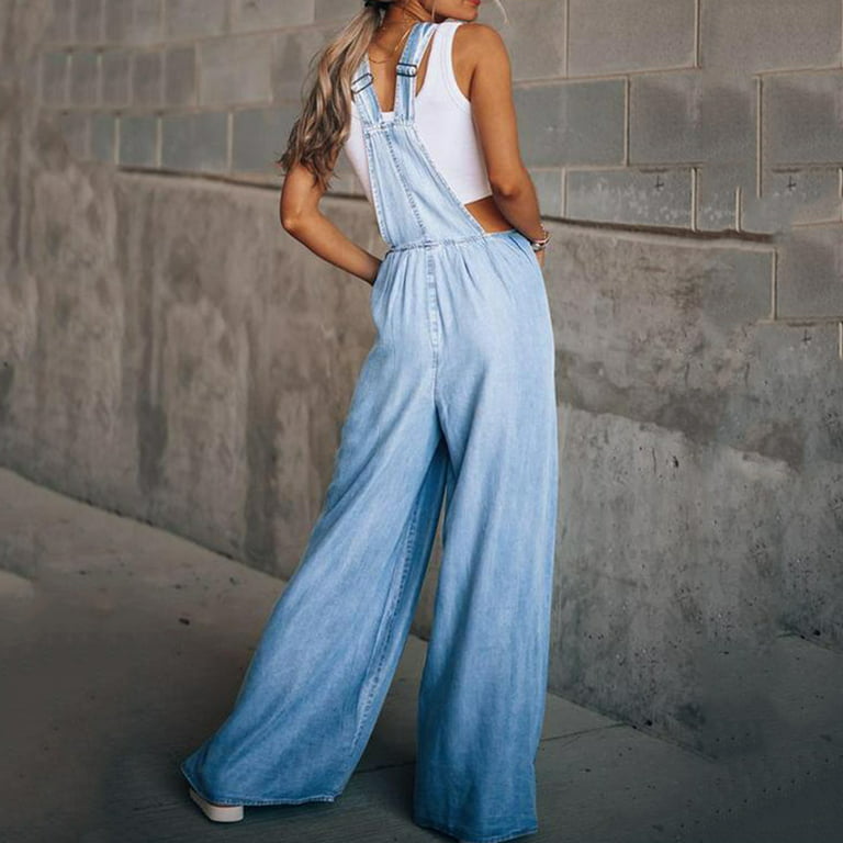 SELONE Plus Size Jumpsuits for Women Casual Denim Wide Leg Jean Long Pant  Ladies Travel Comfortable 2023 Vacation Cute Rompers for Women Casual  Jumpsuits Solid Color with Pockets Light blue L 