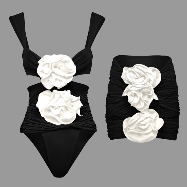 Augper Women Sexy Swimming Suit Floral Decoration Long Sleeved Strapless Solid Color Swimsuit Skirt Set Two-Piece Set