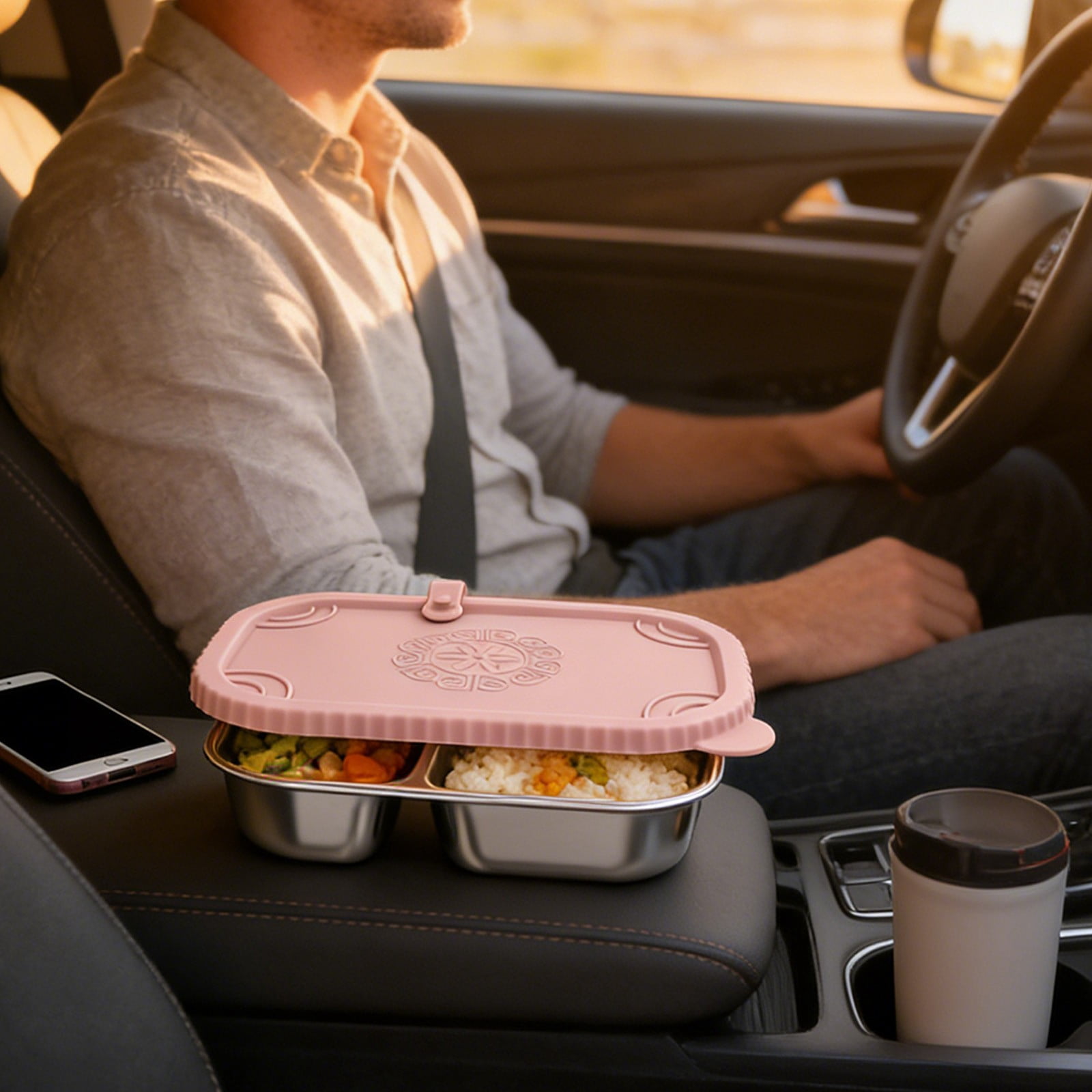 Xheghe Stainless Steel Bento Box with Silicone Lid - Leak-Proof, Two-Compartment Design for Travel, Office, or Picnic Lunches