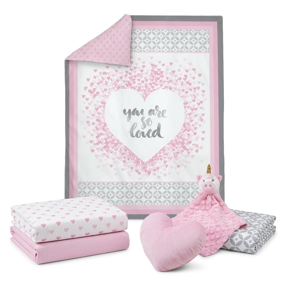 Manhattan Kids You Are So Loved Nursery Bedding Set | 7-Piece Crib Sheet & Nursery Décor Collection | Heart Theme for Baby Girls
