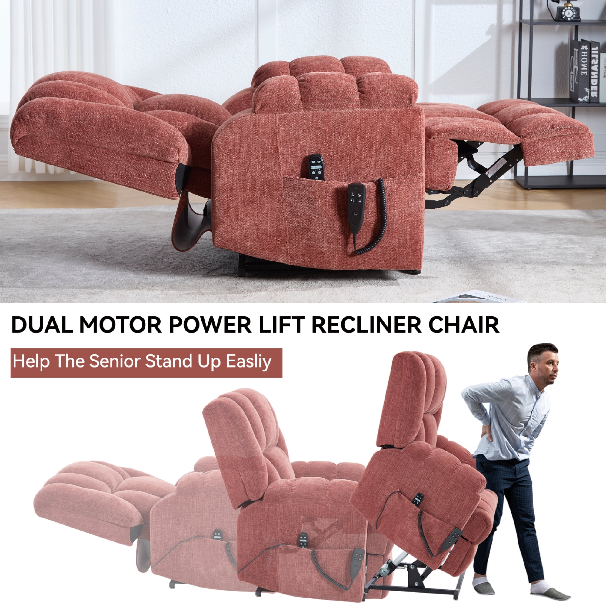 Leumius Large Power Lift Recliner Chair for Elderly,Heavy Duty Dual Motor Chenille Electric Recliners Chair with Massage and Heat for Living Room,Red
