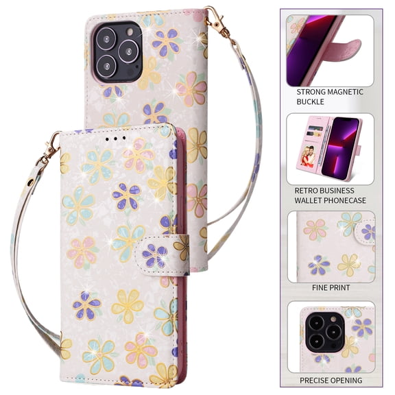 Wallet Case for iPhone 14 Pro Max with RFID Blocking Credit Card Slots Holder, Cute Patterned Gold Brushing Magnetic Flip Kickstand Wrist Strap Cover For iPhone 14 Pro Max, Flowers Blossoming
