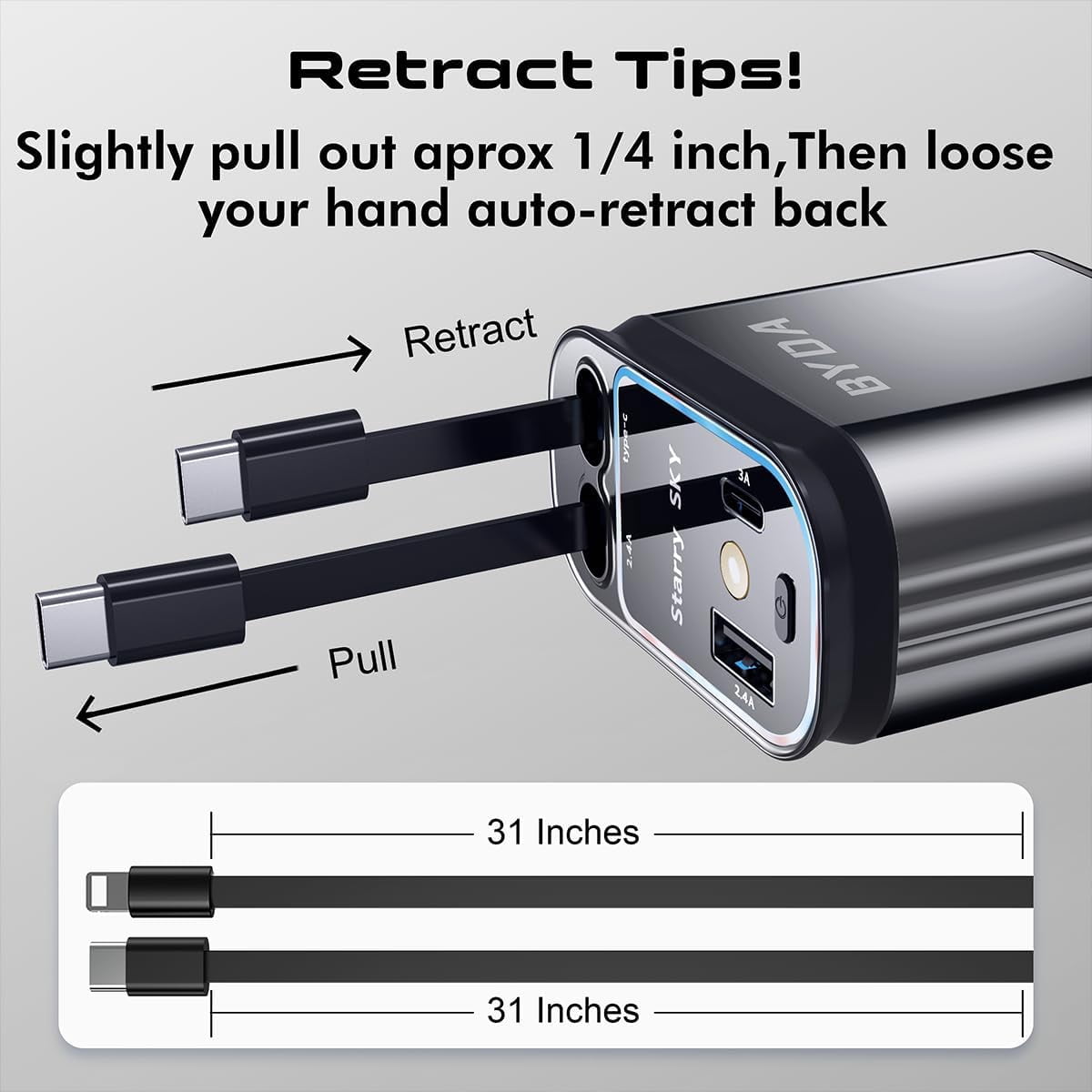Fast Charger 4 in 1 Retractable Car Charger 69W,USB-C Fast Car Accessories,Compatible with All iPhones All Android Phones (Grey, Lightning+USB-C & No Strarry)