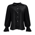 thumbnail image 5 of Women's Solid Color Satin Shirt, Puff Sleeve Turn-Down Collar Button Down Blouse, Elegant Office Work Blouse and Casual Date Night Top for Women Black L, 5 of 5