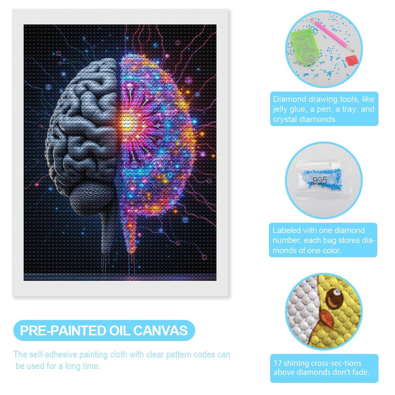 Diamond Art Kits for Adults, Brain Neural Digital Fusion Lights 5D Diamond Painting Kits for Adults Beginners, DIY Full Drill Diamond Painting, Gem Art and Crafts 12x16