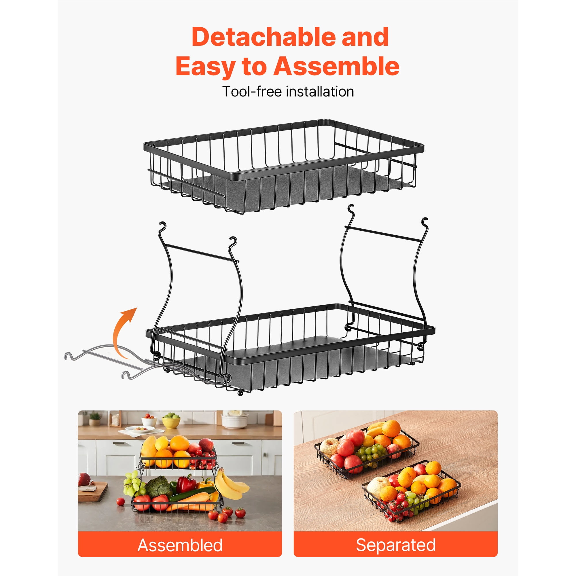KFFKFF 2-Tier Fruit Basket with Banana Hooks, Metal Wire Storage Organizer for Kitchen Counter, Detachable and Stackable Holder for Fruits, Vegetables, Bread, and Snacks, Black