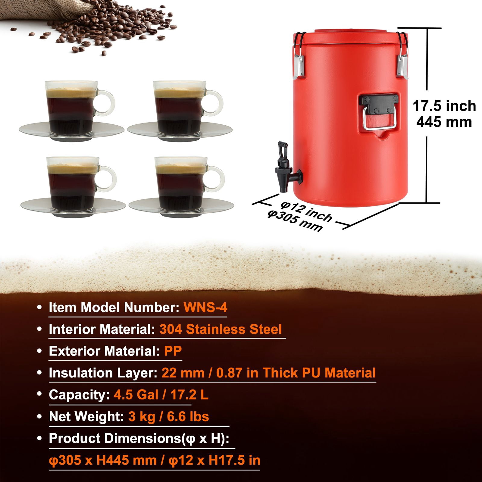 4.5 Gallon Insulated Beverage Dispenser with 304 Stainless Steel Interior, 10Hr Insulation, Drip-Free Spigot, for Cafes Restaurants