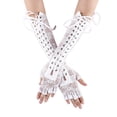 thumbnail image 2 of Linyer Lace Gloves Long Ribbon Elbow Length Half-Finger Hollow Out Holes Arm Sleeves Fingerless Mittens Fishnet Mesh Cosplay Costume White, 2 of 4