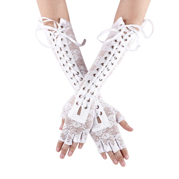 Sonducket Guantes de encaje Cinta sexy Longitud del codo Agujeros huecos Moda retro Reutilizable Buena elasticidad Mangas del brazo Manoplas sin guantes y mitones Blanco