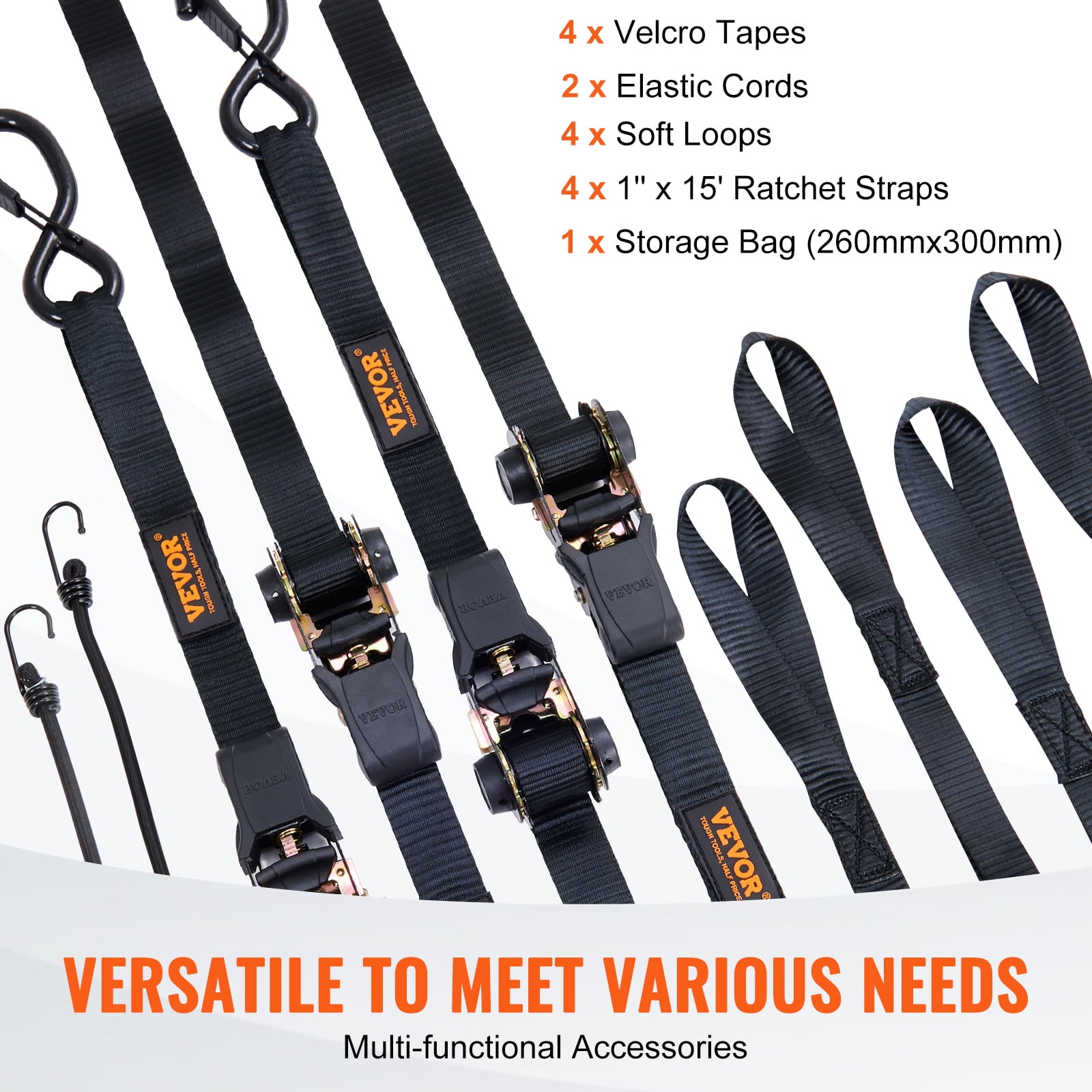 VEVOR Ratchet Tie Down Straps (4PK), 2200 lb Max Break Strength, Includes 4 Premium 1" x 15' Rachet Tie Downs with Padded Handles, for Moving Securing Cargo, Appliances, Lawn Equipment, Motorcycle