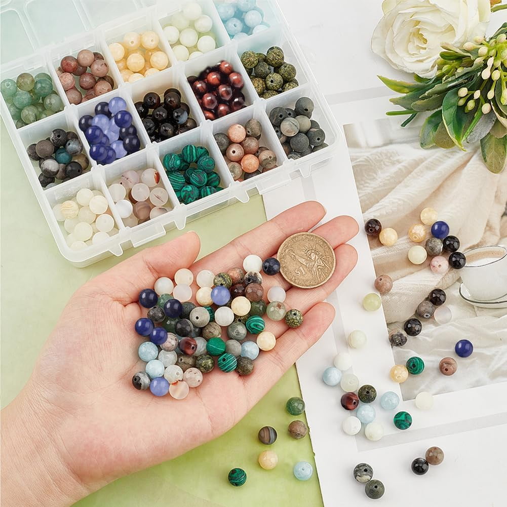 375 Pcs 15 Styles Natural Gemstone Beads 8mm Mixed Stone Spacer Beads Natural Round Loose Beads Engry Crystals Gemstone Beading for DIY Bracelet Necklaces Jewelry Making colorful