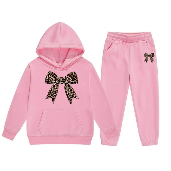 Byoo Leopard Bow Printing Sweatsuit Sets for Toddler Girls Pocket Pullover Hoody Sweatshirt Jogger Tracksuit Outfit Sport Cloth Set