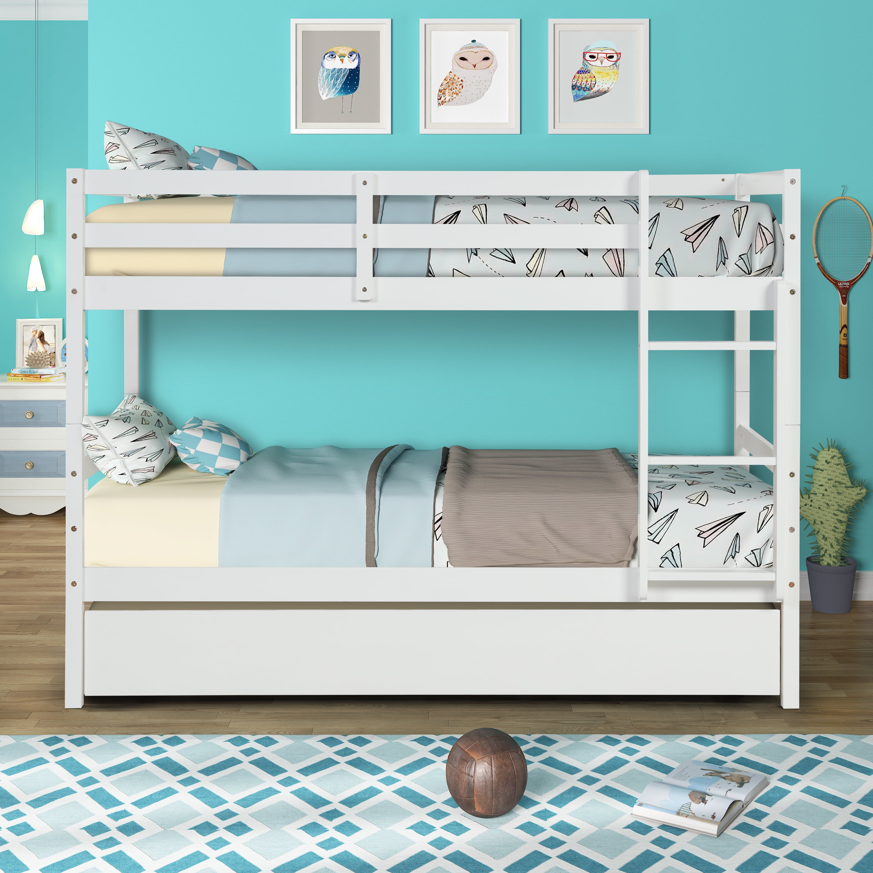 Twin over Twin Bunk Bed, SEVENTH Wood Bunk Bed with Twin Size Trundle