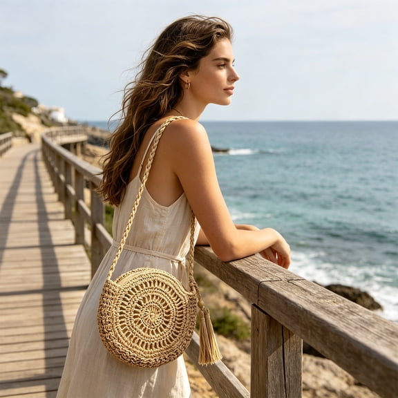 ZZkhGO Handwoven Round Crochet Crossbody Bag, Natural Paper Rope Straw Shoulder Purse with Tassel, Bohemian Beach Casual Summer Accessory for Women, Beige