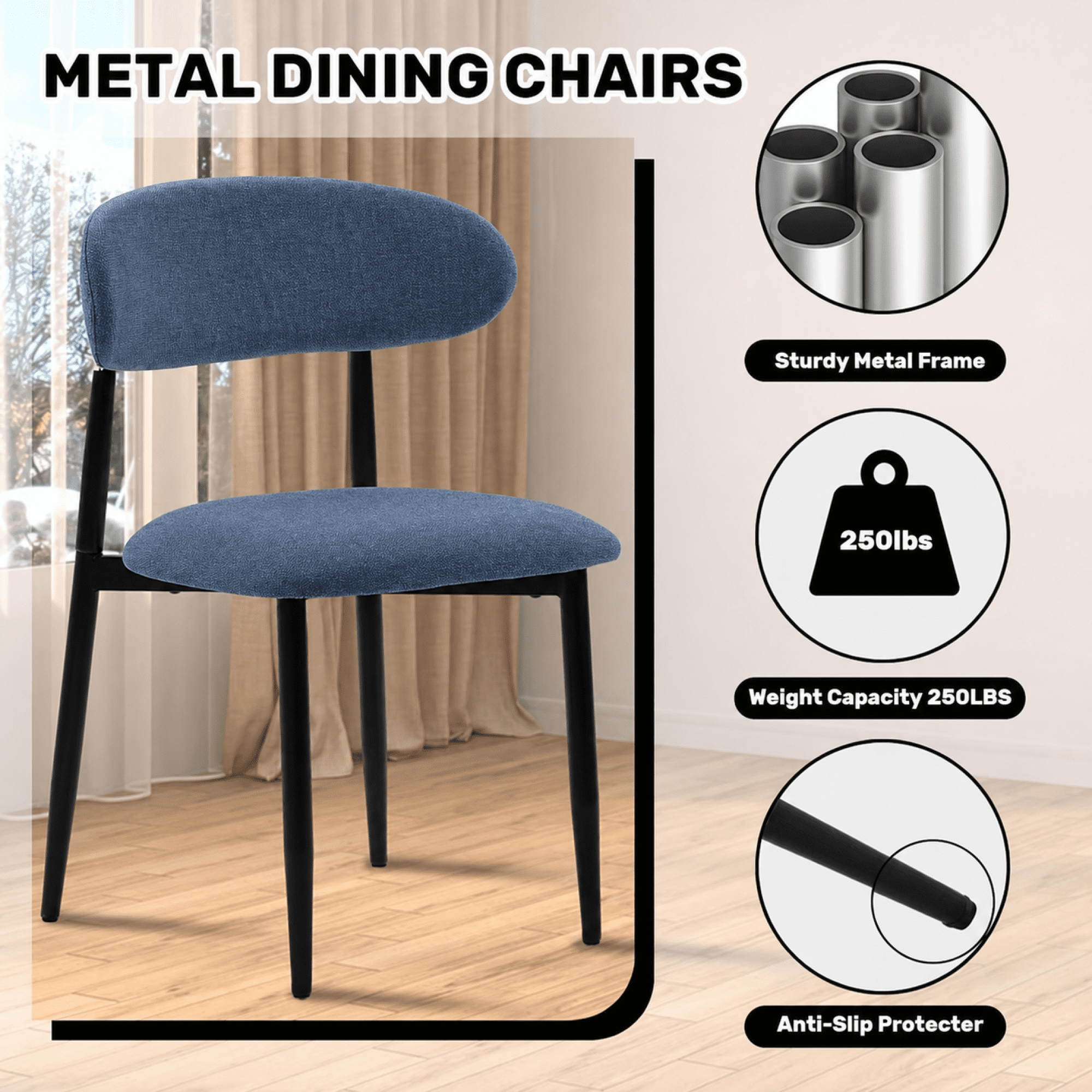 Leumius Dining Chairs Set of 2,Upholstered Dining Chairs with Curved Backrest, Modern Kitchen & Dining Room Chairs with Metal Leg for Dining Room, Restaurant,Black+Navy