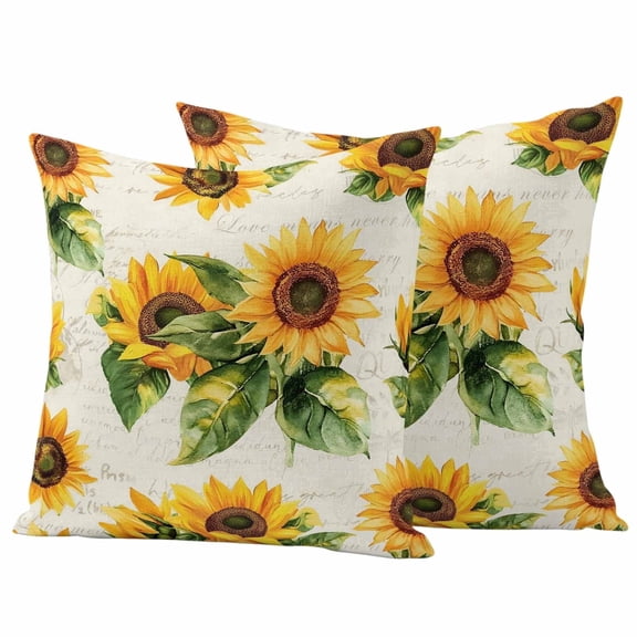 2 Pack Outdoor Waterproof Throw Pillow Covers,Summer Sunflower Watercolor Green Leaves Decorative Patio Pillowcases for Chair Couch Sofa 16x16in