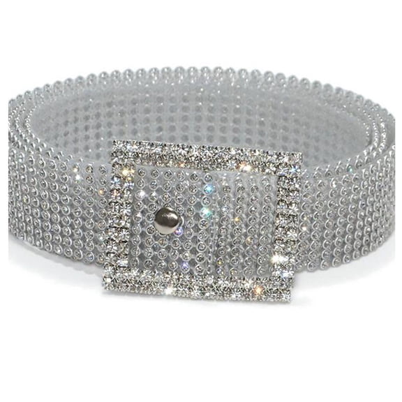 CBGELRT Chain Belts for Women Full Diamond Rhinestone Wide Waist Belts for Jeans Dress Fashion Shiny Elastic Stretch Waistband, white