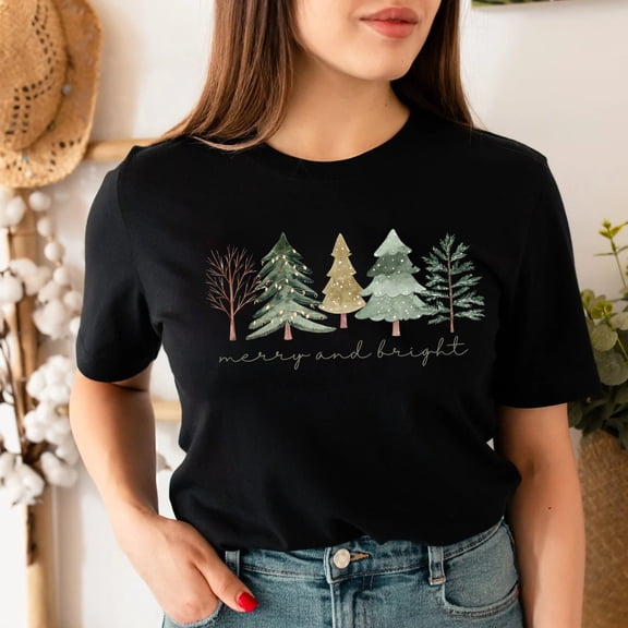 Merry and Bright Trees Womens Christmas Shirt Cute Holiday Tee Chic Winter Xmas Gift Top