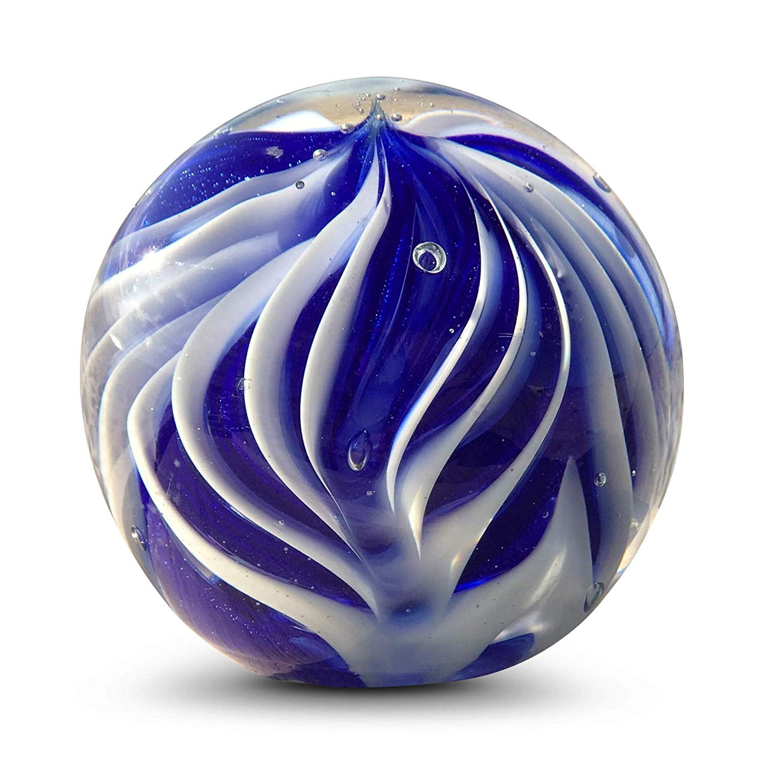 Ripple Ball Paperweight, Blue and White, Hand Crafted Art Glass, 3 1/4