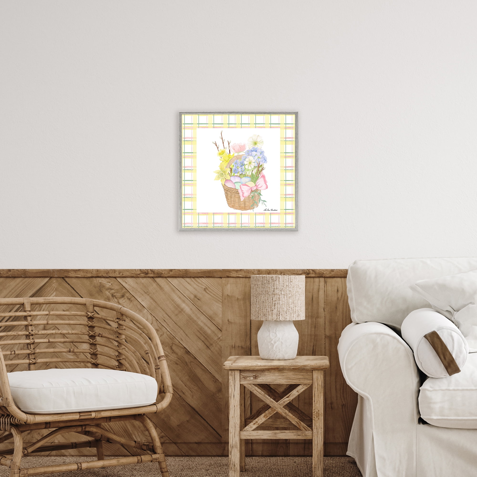 Spring Basket on Plaid Gray Framed Giclee Art, design by Lee Ann Sanders