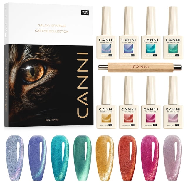 Set de esmaltes de uñas CANNI Cat Eye Gel de 9 ml x 8 con imán y base o capa superior