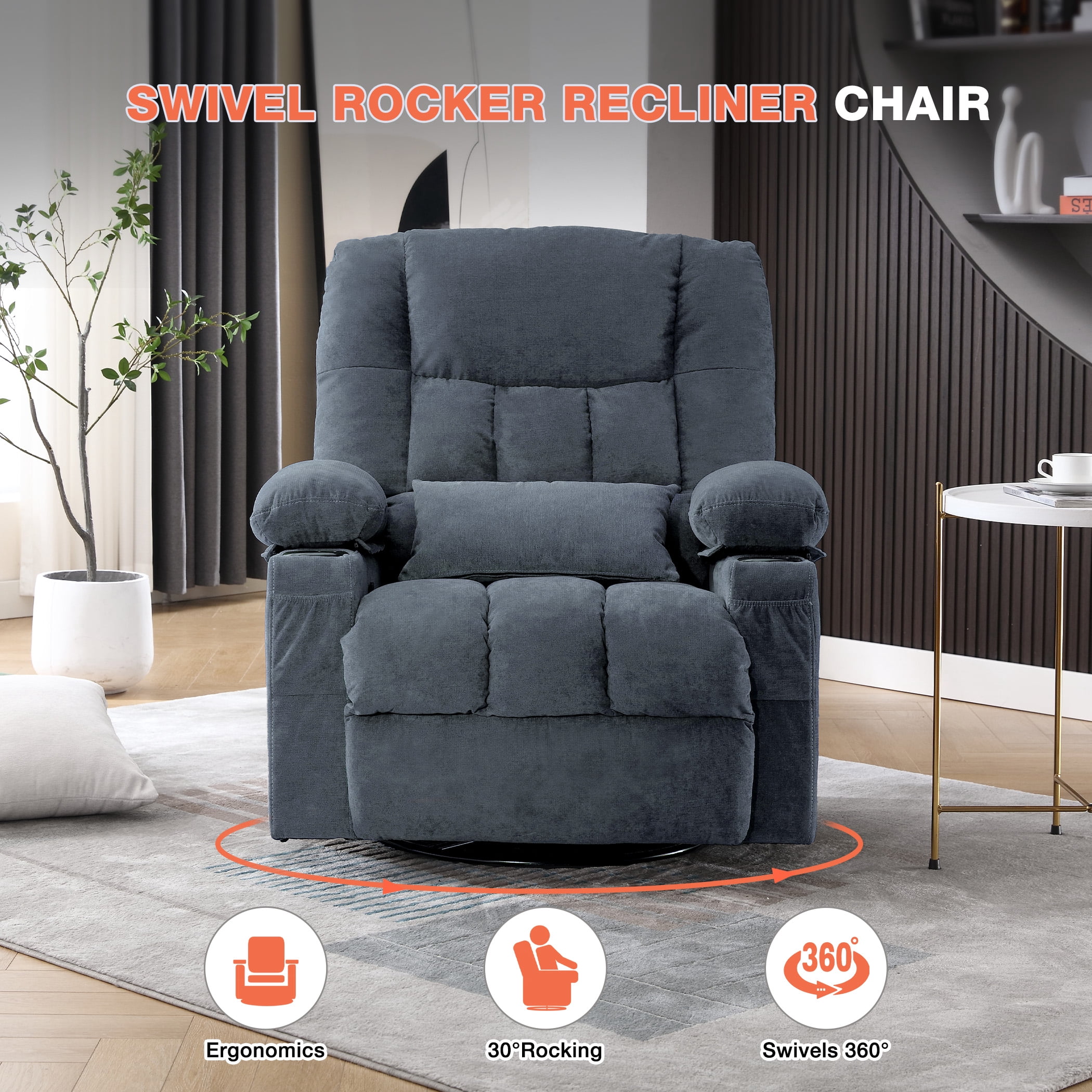 Oversized Massage Rocker Recliner Chair for Adults,Manual Vibration Massage with Heat, 8 Massage Points, 2 Cup Holders, USB Charging Port, Rocking Function, Reclines up to 150°
