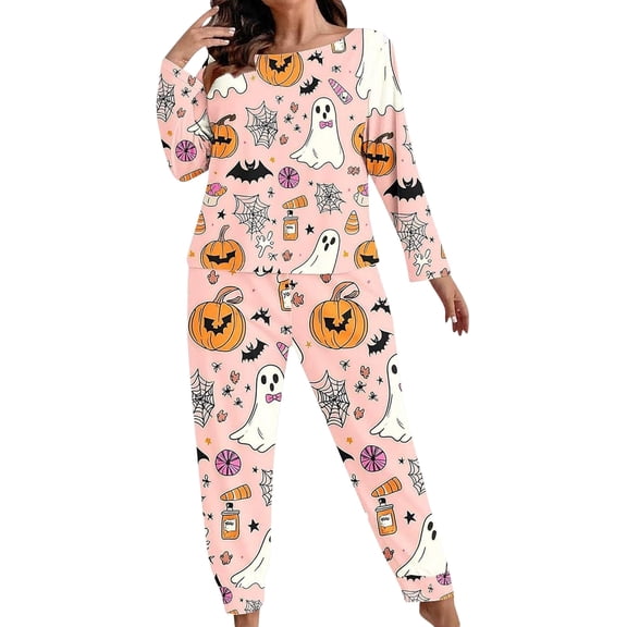 Halloween Pajamas Women Long Sleeve Two Piece Pumpkin Ghost Bat Print Pajama Top and Full Length Pants Cozy Loungewear Loungewear 2 Piece Outfits