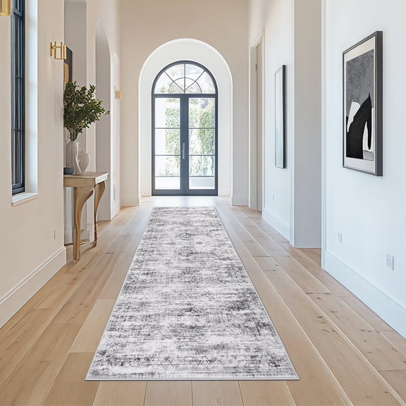 2 x 6 Washable Non-Slip Runner Rug, Vintage Boho Low-Pile Faux Wool Carpet, Distressed Rug for Hallway, Kitchen, Bedroom, Entryway and Laundry Room, Gray