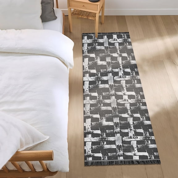Black and White Basket Runner Area Rug 2x6 Soft Non-Slip Washable Bedside Carpet for Hallway Bedroom Living Room Home Decor