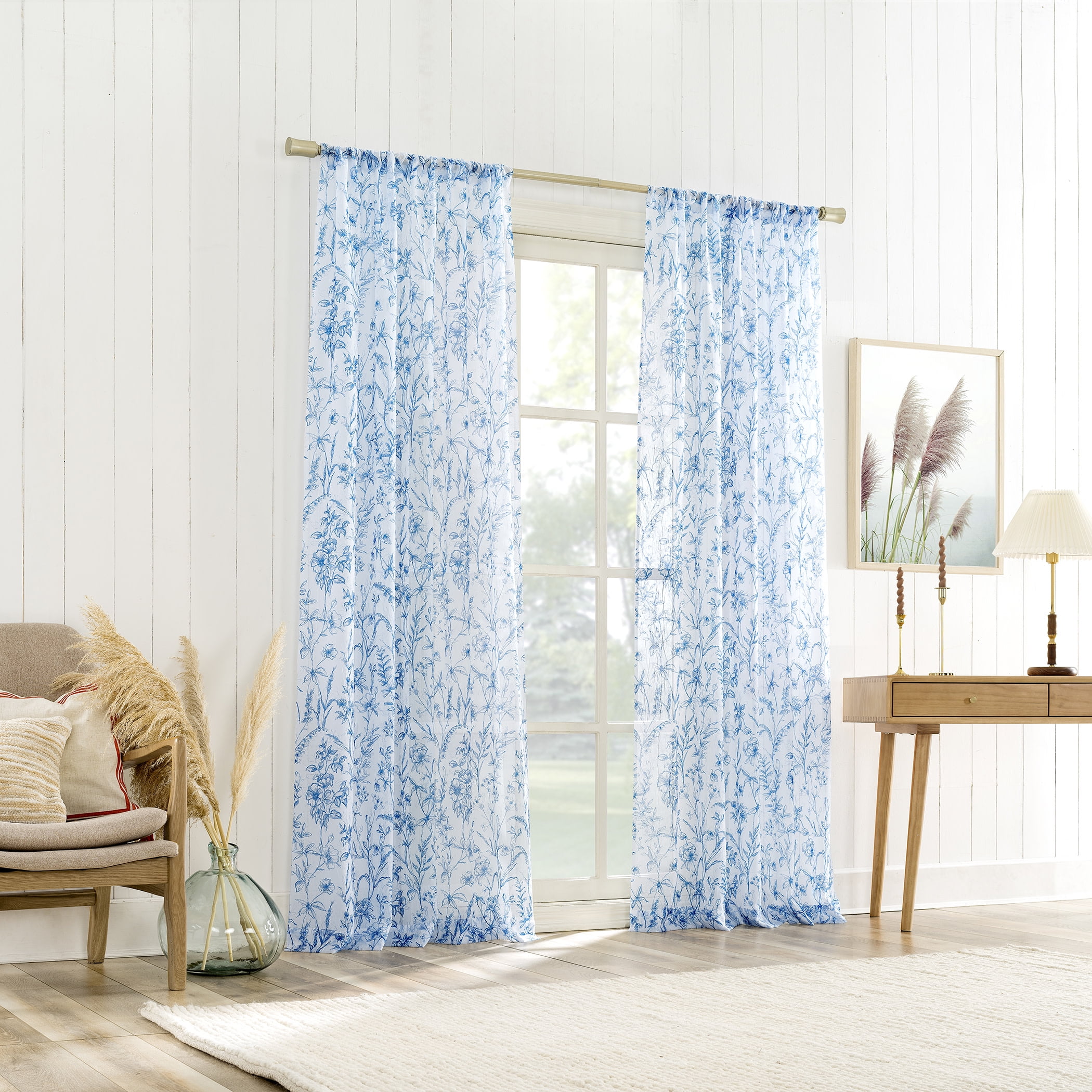 No. 918 Ambree Vintage Floral Sheer Rod Pocket Curtain Panel, 51"x84", Chinoiserie Blue