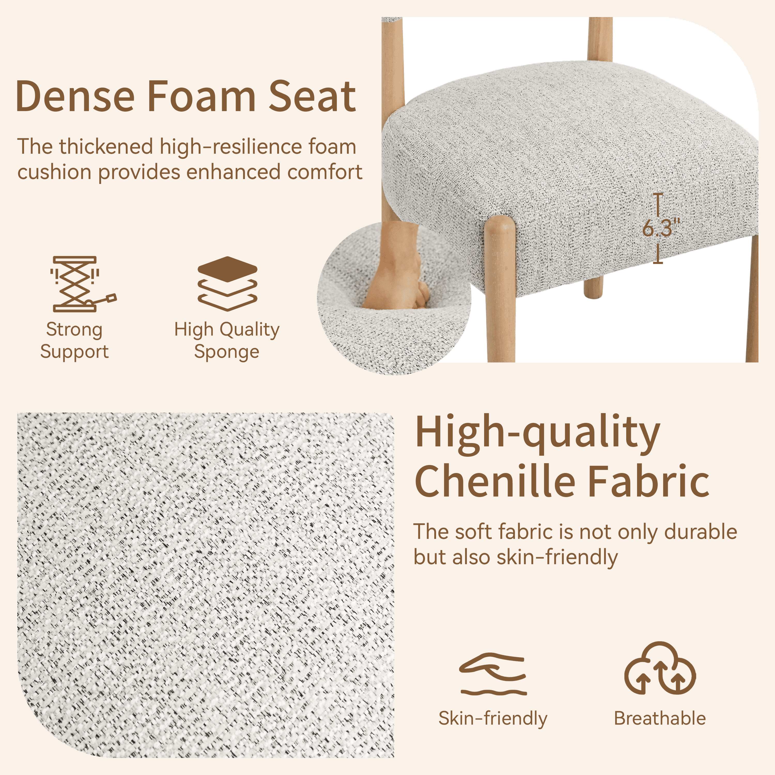 Vknow Furniture Minimalist Fabric Dining Chairs Set of 2 Solid Wood Legs Ergonomic Backrest for Dining Room Bedroom Study, Beige