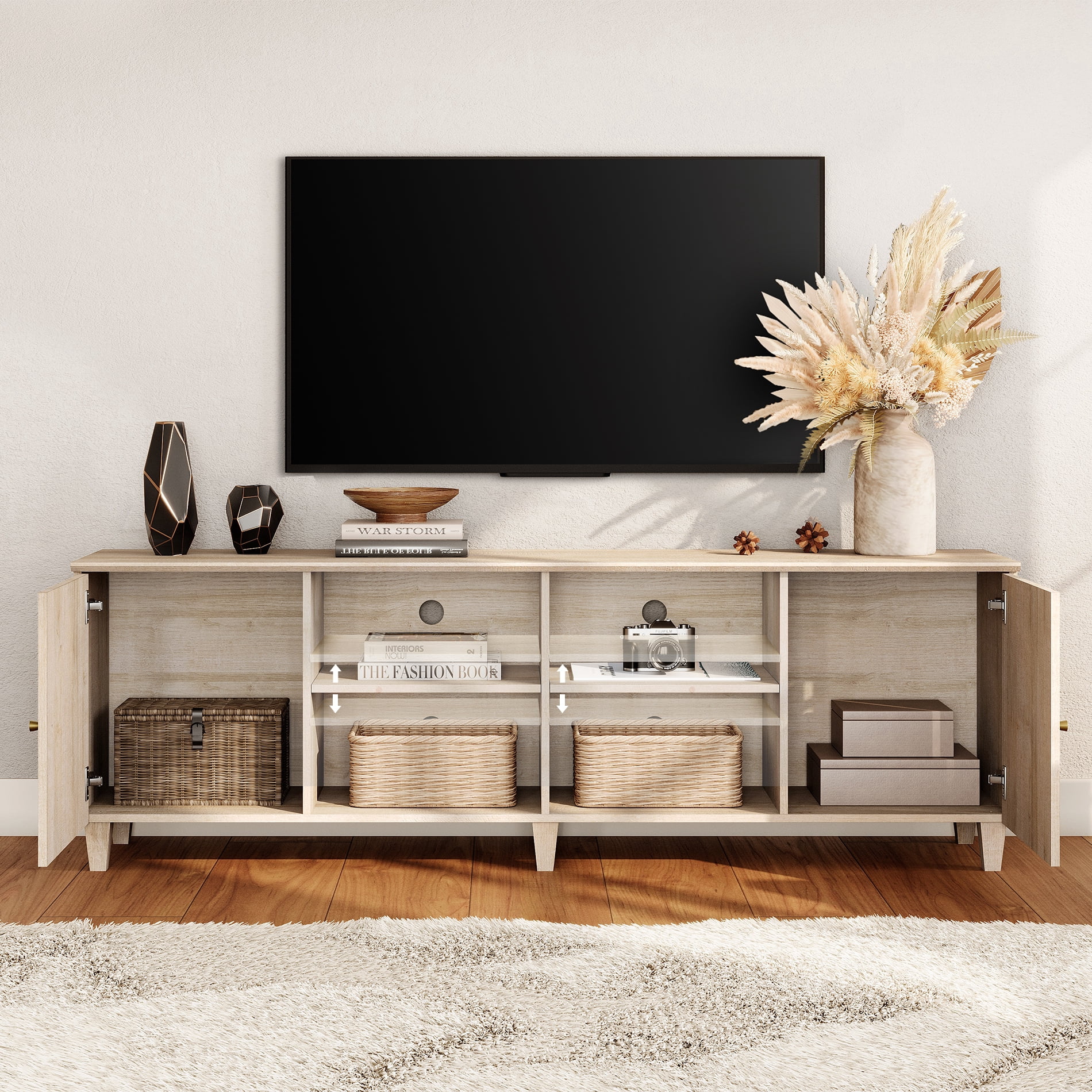 71" Wide TV Stand Cabinet for 75+ Inches TVs, Modern Wood Low Media Console with Door & Shelves, White Oak