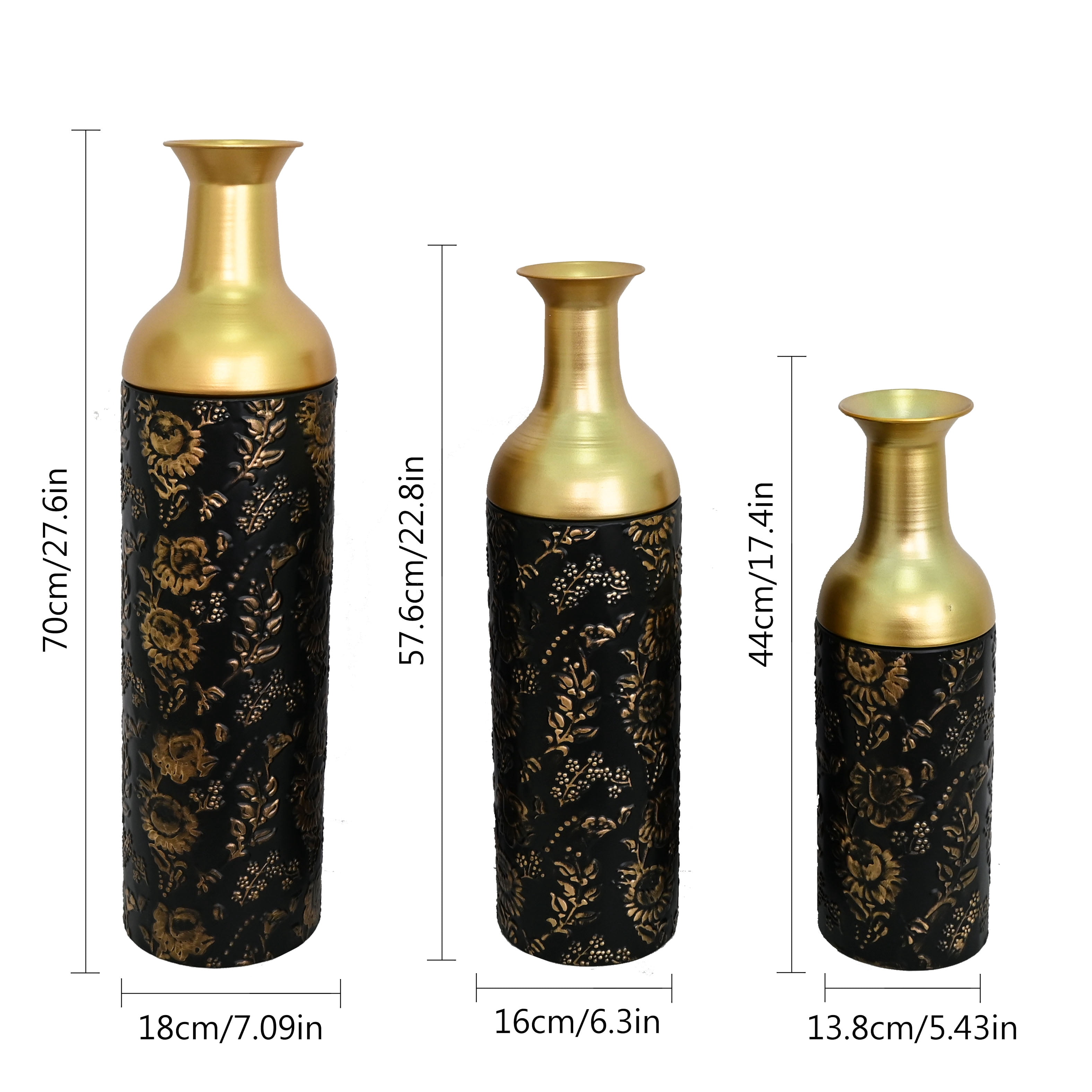 Metal Floor Vases Set of 3 with Leaf Pattern, Tall Decorative Vases and Home Decor Accents for Living Room Entryway, Black and Gold