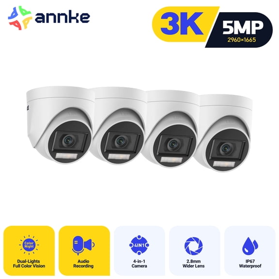ANNKE 5MP 4PCS Outdoor Surveillance Camera with Human/Vehicle Detection,3K Wired IP67 Waterproof CCTV Outdoor Cameras for Home with Smart Dual Light,Built-in Microphone,IP67,IR Night Vision