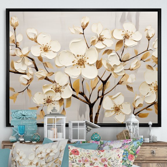 Designart "Peaceful White Gold Dogwood" Dogwood Floater Framed Canvas Prints