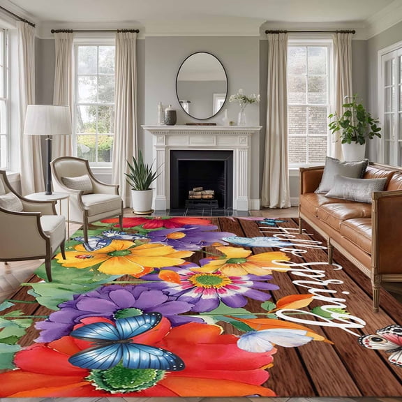 Large Area Rugs for Living Room Bedroom, Spring Flowers 5'x8' Rug Washable Carpet Runner Indoor Outdoor, Watercolor Farmhouse Colorful Wooden Grain Non Slip Floor Mats Rug for Kitchen, Bathroom