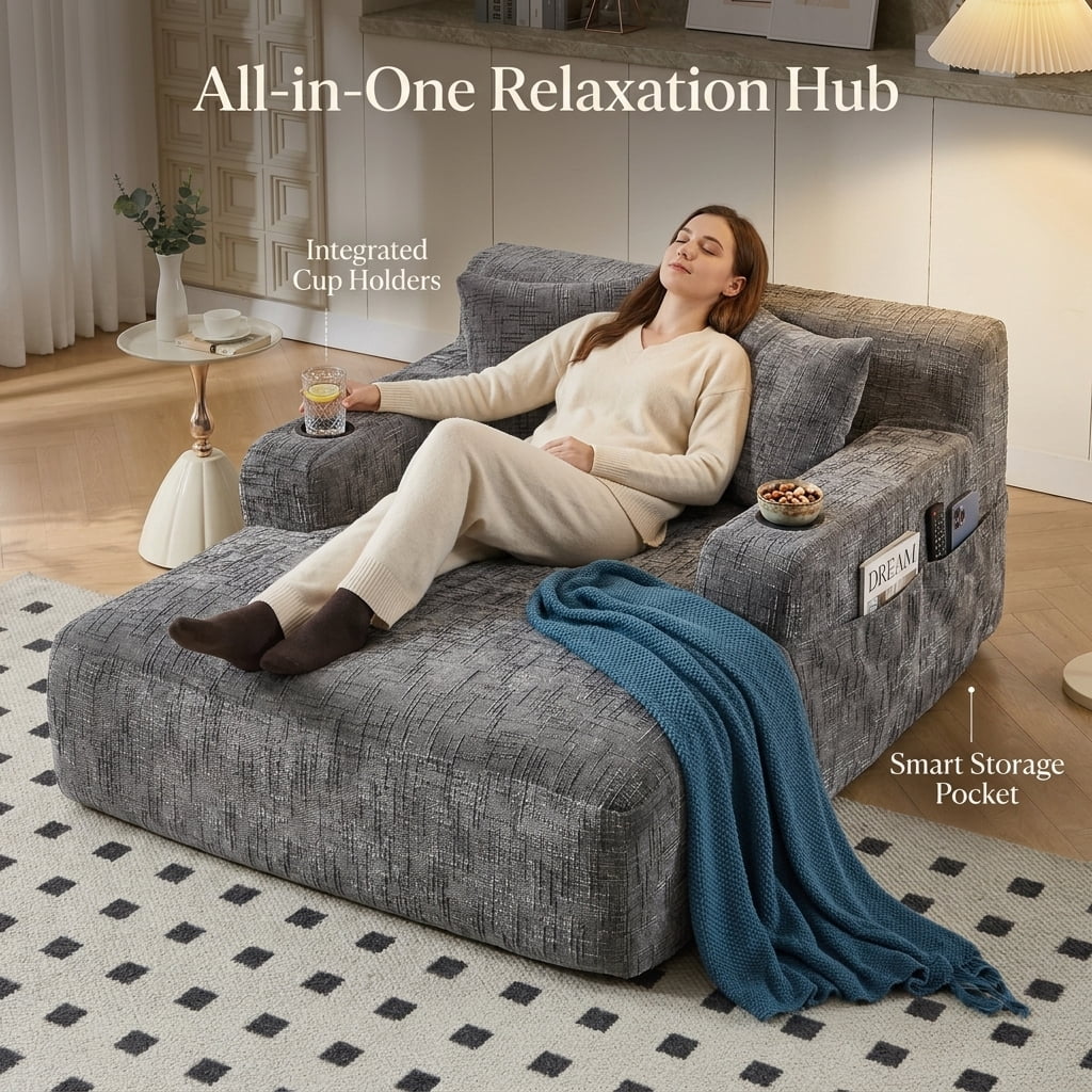 MOONMISS Chenille Chaise Lounge Chair Indoor, Single Sleeper Sofa Chair with Pillows & Cup Holders, Comfy Compression Sofa Bed for Living Room, Bedroom