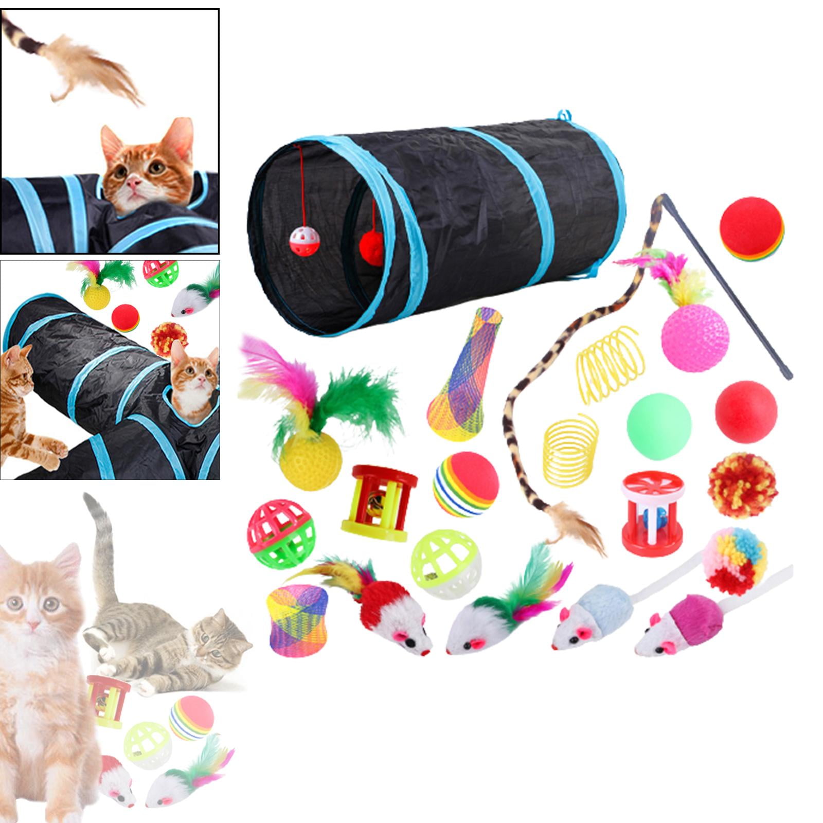 22 piece Interactive Cat Toy Sets,Collapsible Cat Tunnels for Indoor Cats, Feather Teaser Crinkle Balls Spring Toy Catnip Fish for Cats , B99501 C-22pcs