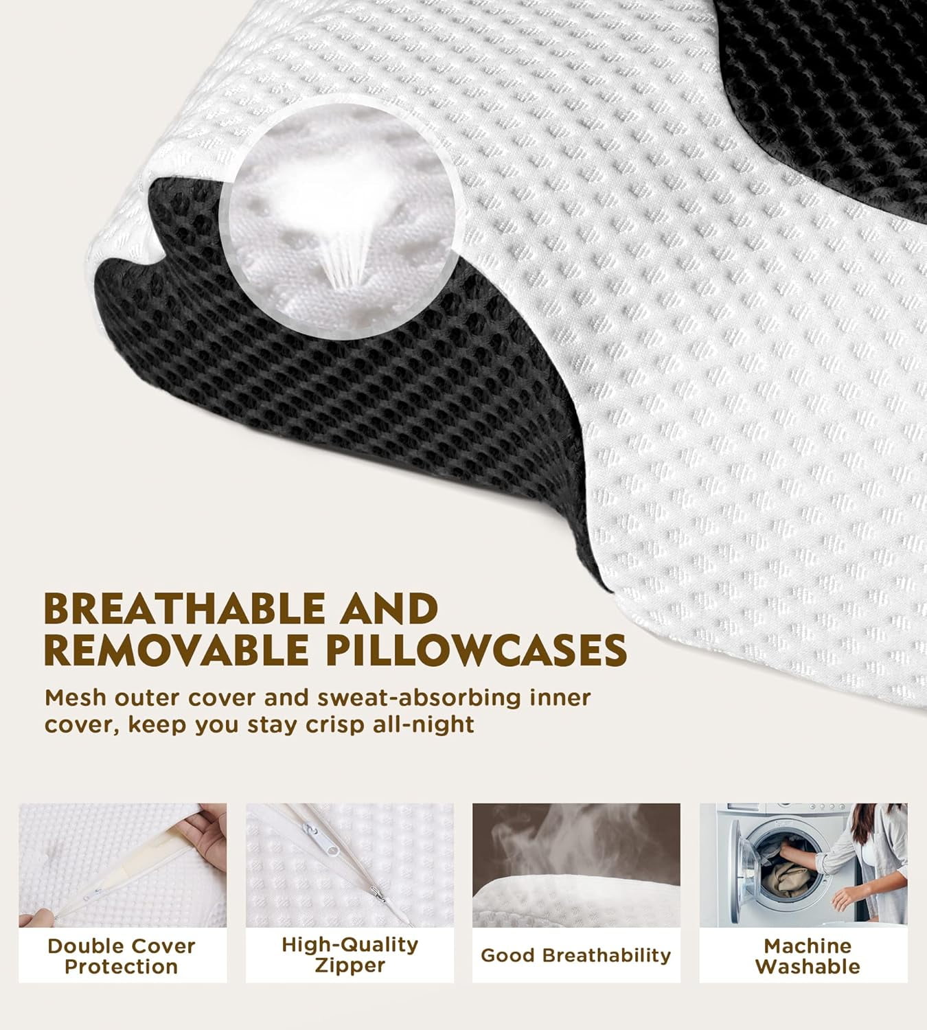 SHIORLAM Adjustable Memory Foam Cervical Pillow for Neck Pain Relief, 4lb Orthopedic Pillow with Removable Cover, Odorless Pillow for Side & Back Sleepers (5.2Height)-Black
