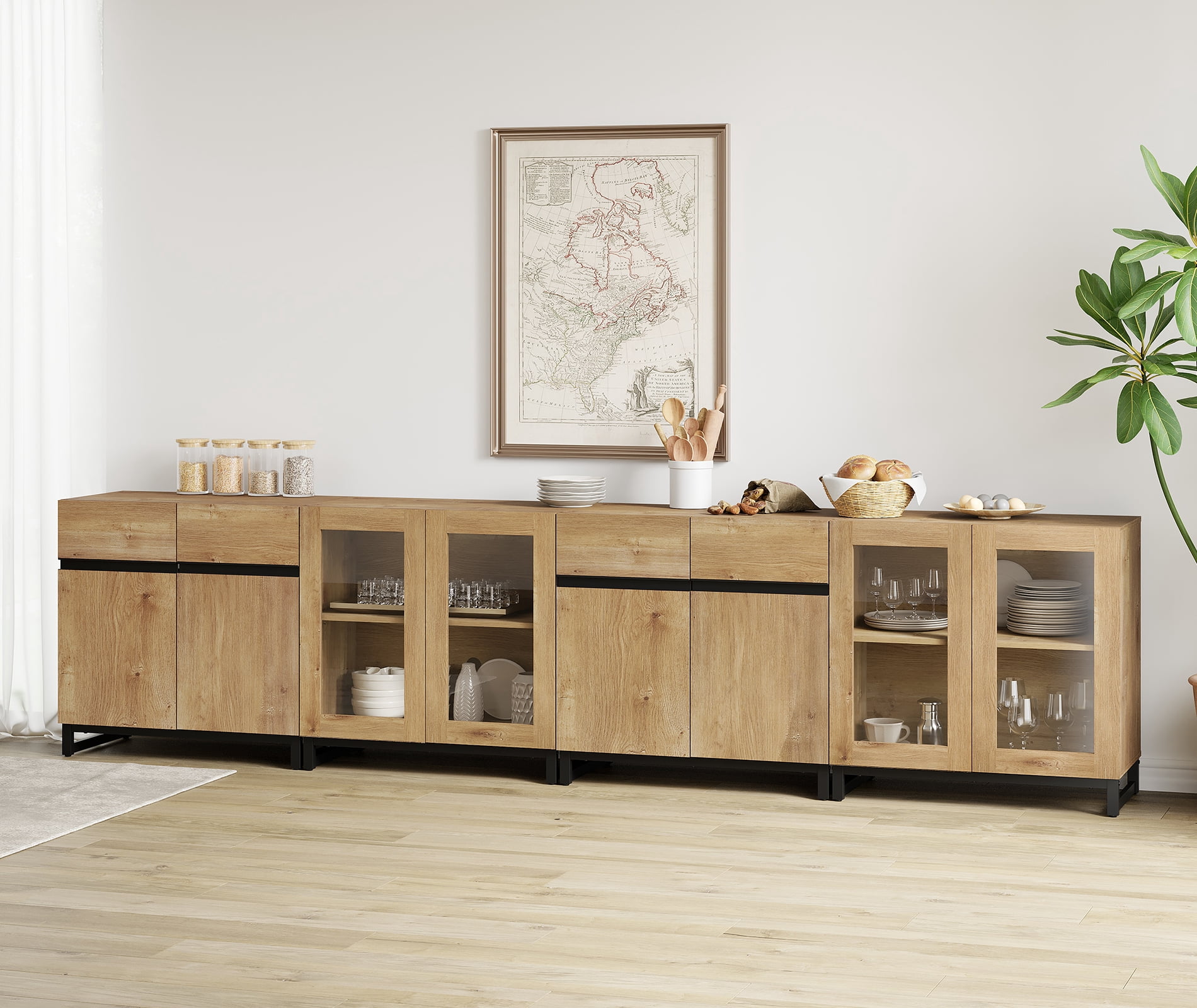 Modern Sideboard With Adjustable Shelves, 4 In 1 Storage Cabinet With Glass Doors, Coffee Bar Cabinet For Living Room, Kitchen,Dinning Room,Oak