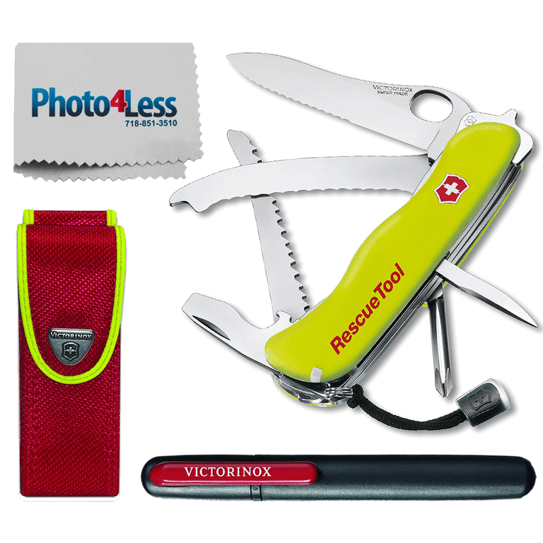 Victorinox Swiss Army Rescue Tool Pocket Knife with Pouch + Pocket Knife  Sharpener + Cleaning Cloth - Top Value Bundle! (Black) 