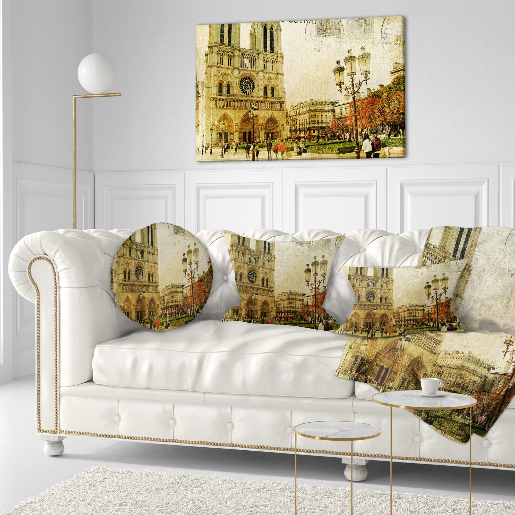 Designart Notre Dame Cathedral Vintage Card - Contemporary Throw Pillow - 12x20