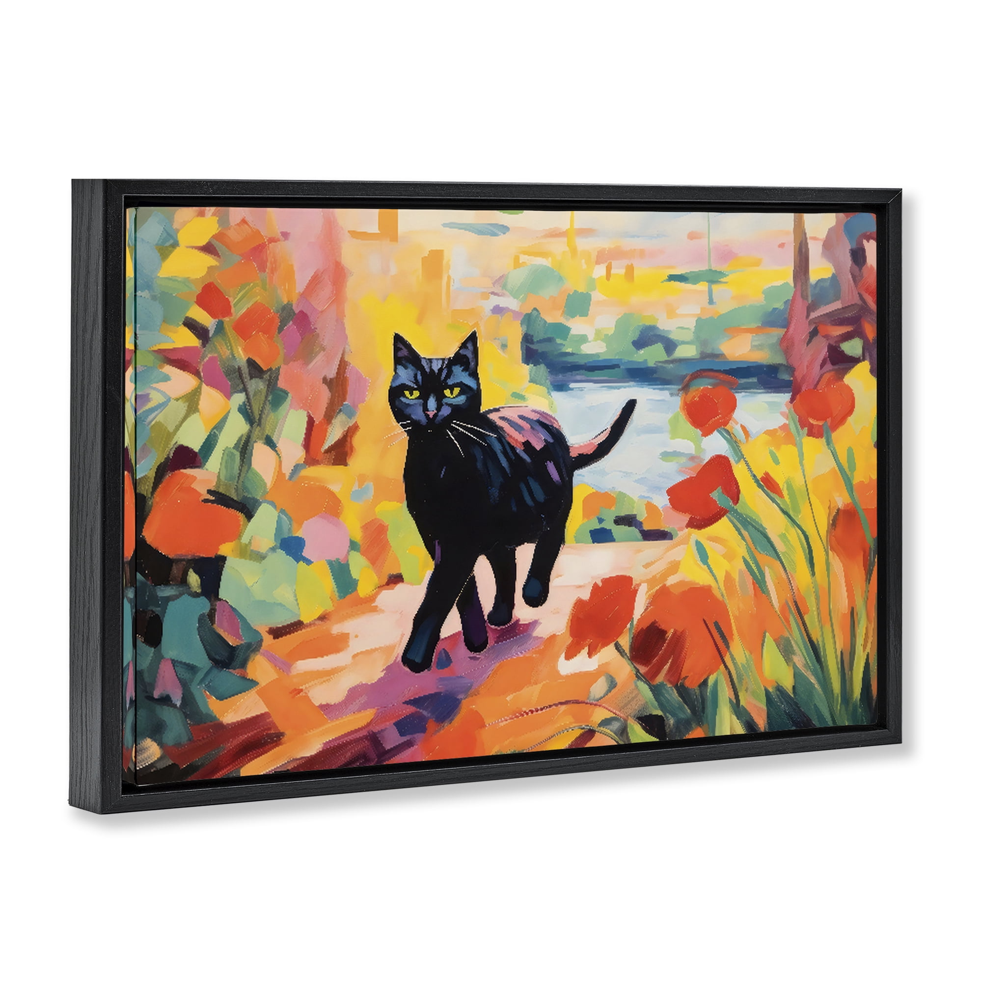 Stupell Industries Sunlit Black Cat in Garden Black Framed Floater Canvas Wall Art, design by Creative Studio