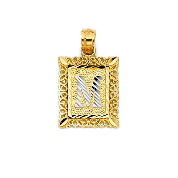 14k Yellow Gold Monogram Letter M Pendant RectAngel Frame Diamond-Cut Charm Jewelry Female Unisex